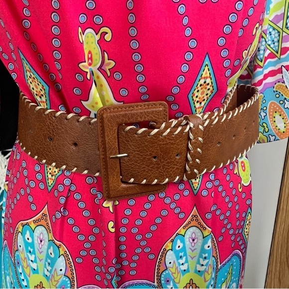 BOHO WESTERN Wide Brown Belt Cream Whipstitch Faux Leather - Picture 3 of 4